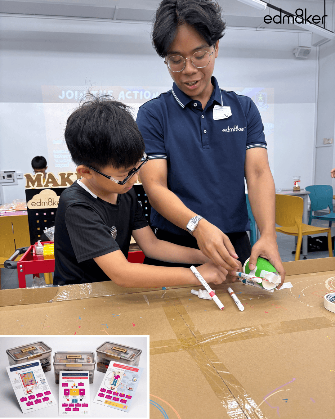 An edm8ker educator guiding an elementary student through a hands-on STEM build using the Makercrate.