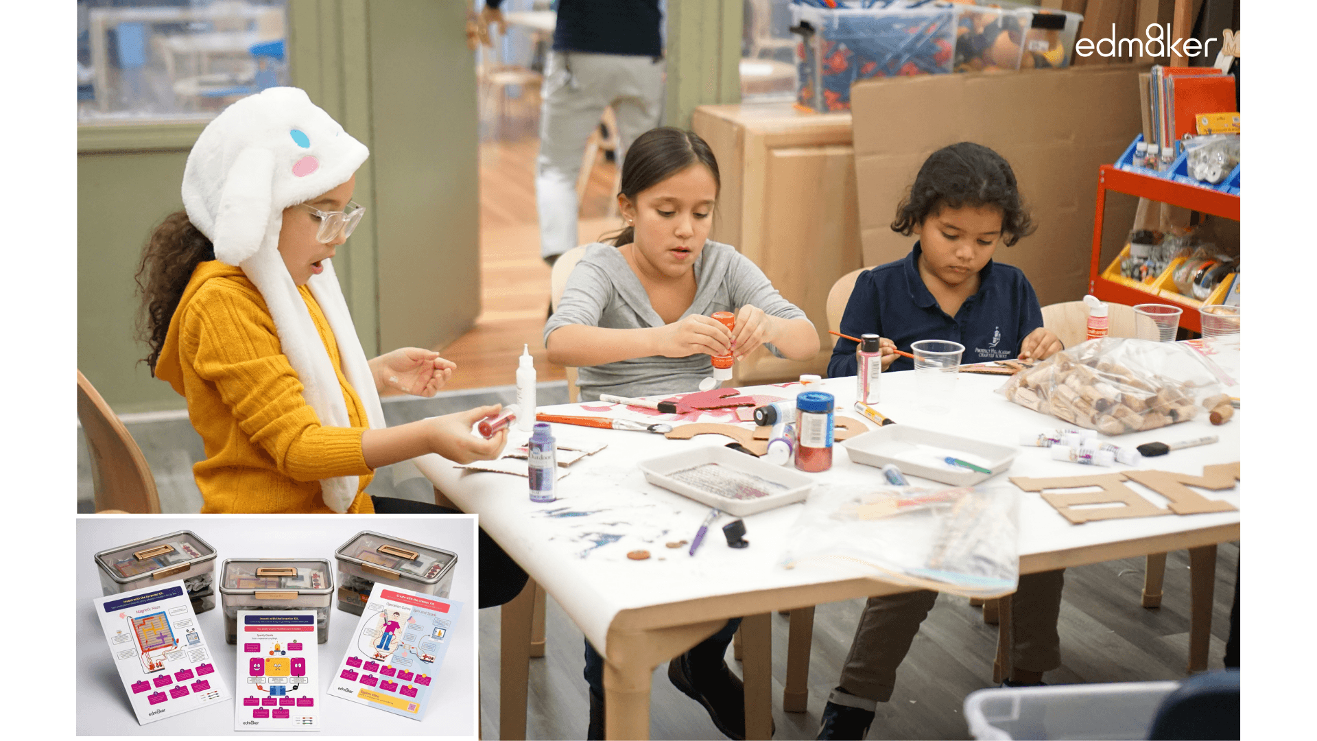 Elementary students collaborating on hands-on maker learning activities in a classroom environment.